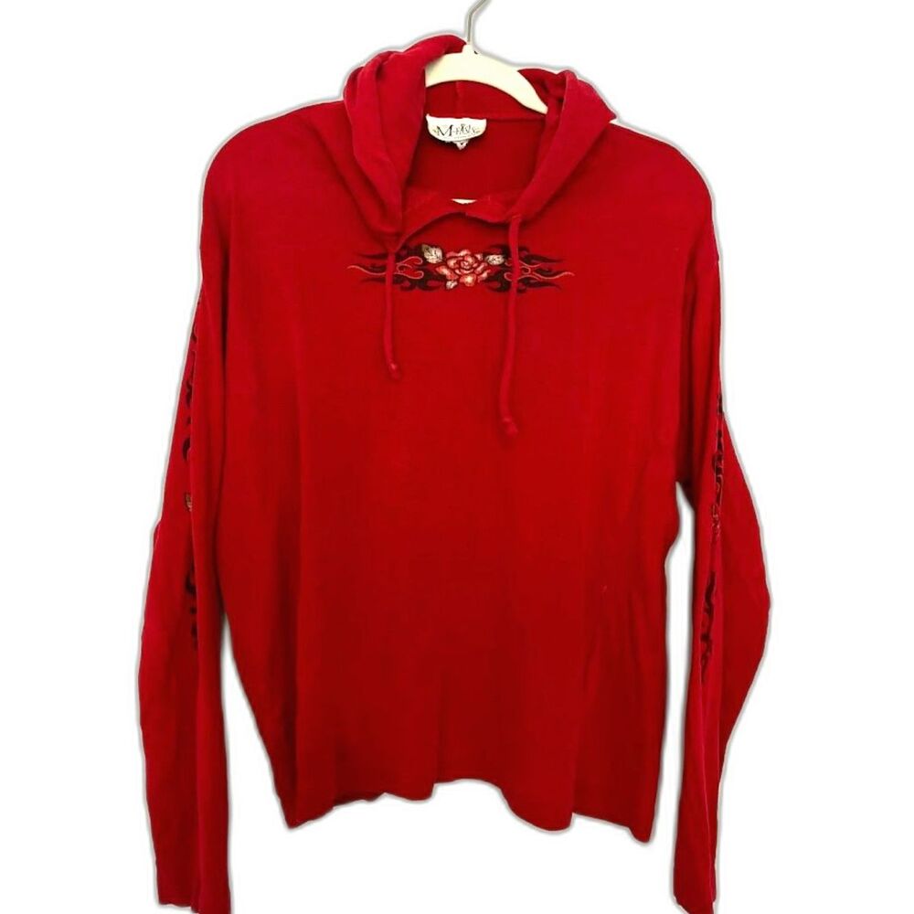 M-Fasis Hoodie Women's Medium Red y2k Flame design rose biker grunge long sleeve